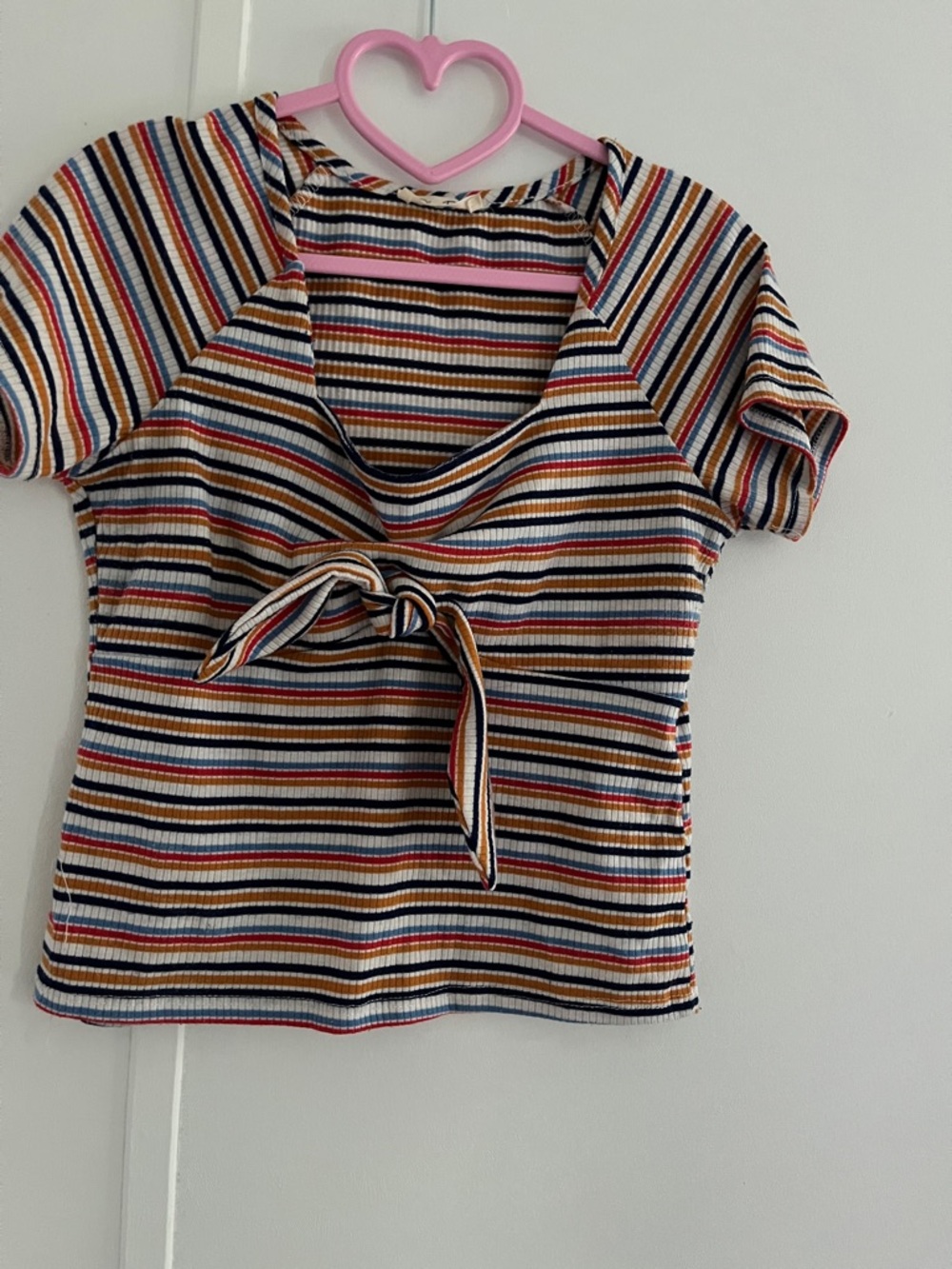 Striped Tie-Front Ribbed Knit Top - Multi